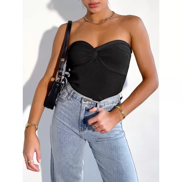 imageANRABESS Women Strapless Crop Tube Top Sexy Ribbed Knit Twisted Knot Front Sleeveless Y2K Corset Tanks TopBlack