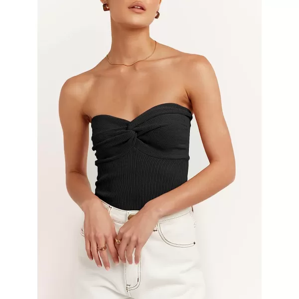imageANRABESS Women Strapless Crop Tube Top Sexy Ribbed Knit Twisted Knot Front Sleeveless Y2K Corset Tanks TopBlack
