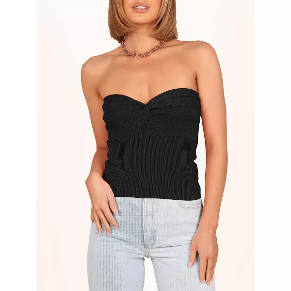 imageANRABESS Women Strapless Crop Tube Top Sexy Ribbed Knit Twisted Knot Front Sleeveless Y2K Corset Tanks TopBlack