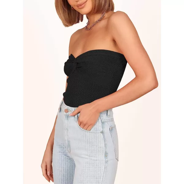 imageANRABESS Women Strapless Crop Tube Top Sexy Ribbed Knit Twisted Knot Front Sleeveless Y2K Corset Tanks TopBlack