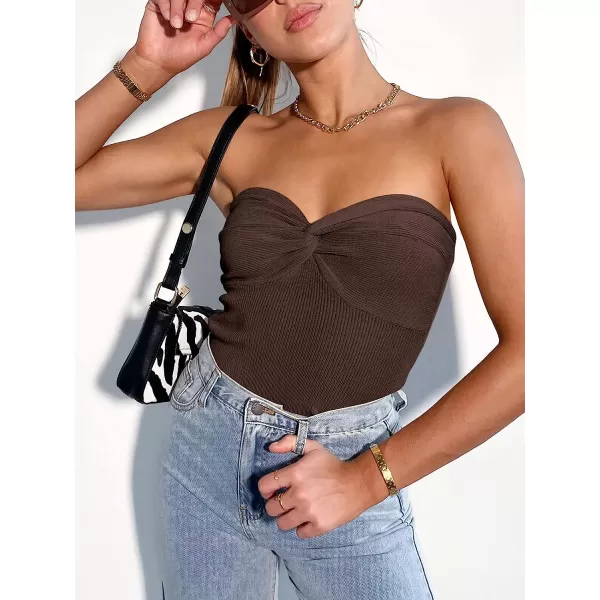 imageANRABESS Women Strapless Crop Tube Top Sexy Ribbed Knit Twisted Knot Front Sleeveless Y2K Corset Tanks TopCoffee