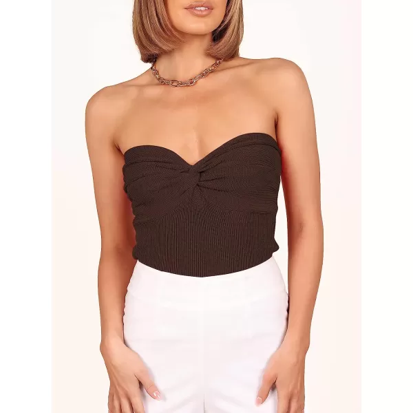 imageANRABESS Women Strapless Crop Tube Top Sexy Ribbed Knit Twisted Knot Front Sleeveless Y2K Corset Tanks TopCoffee