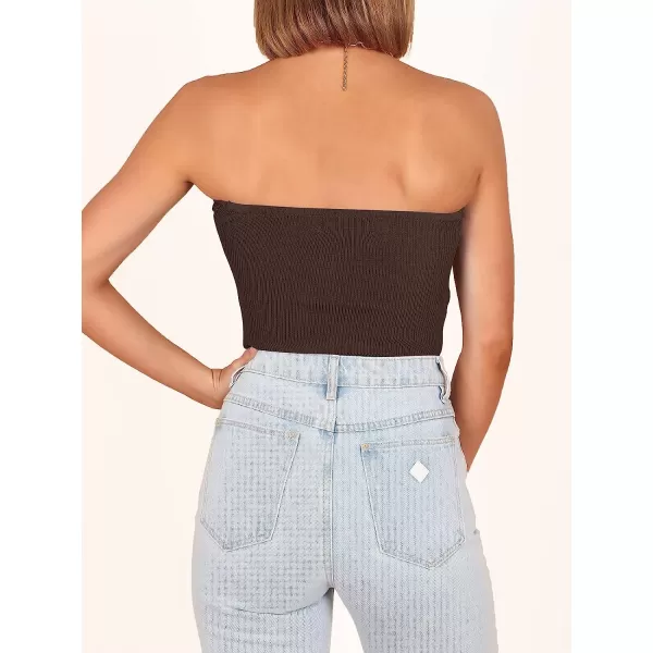 imageANRABESS Women Strapless Crop Tube Top Sexy Ribbed Knit Twisted Knot Front Sleeveless Y2K Corset Tanks TopCoffee