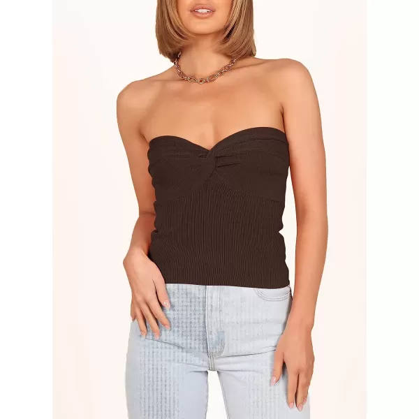 imageANRABESS Women Strapless Crop Tube Top Sexy Ribbed Knit Twisted Knot Front Sleeveless Y2K Corset Tanks TopCoffee