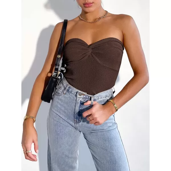 imageANRABESS Women Strapless Crop Tube Top Sexy Ribbed Knit Twisted Knot Front Sleeveless Y2K Corset Tanks TopCoffee