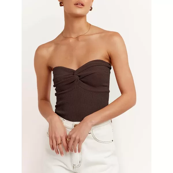 imageANRABESS Women Strapless Crop Tube Top Sexy Ribbed Knit Twisted Knot Front Sleeveless Y2K Corset Tanks TopCoffee
