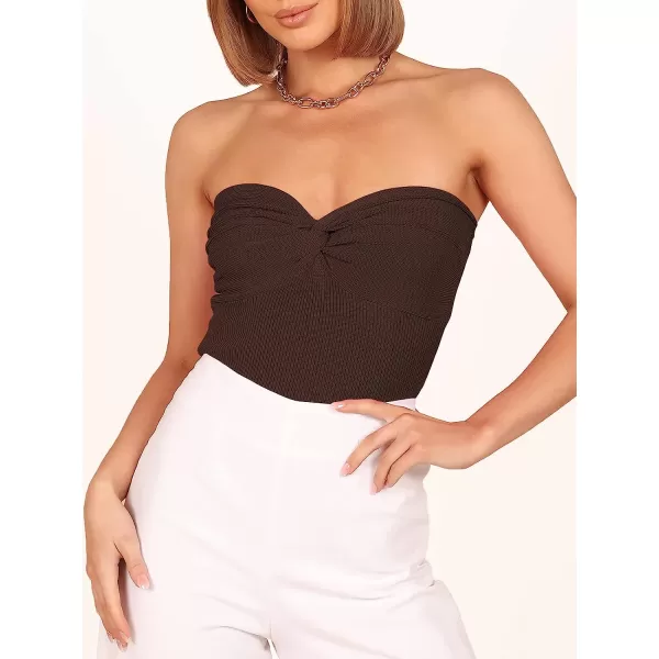 imageANRABESS Women Strapless Crop Tube Top Sexy Ribbed Knit Twisted Knot Front Sleeveless Y2K Corset Tanks TopCoffee