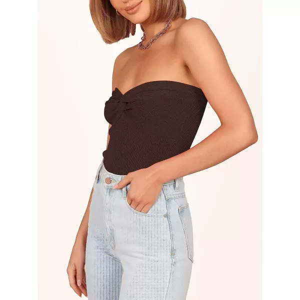 imageANRABESS Women Strapless Crop Tube Top Sexy Ribbed Knit Twisted Knot Front Sleeveless Y2K Corset Tanks TopCoffee