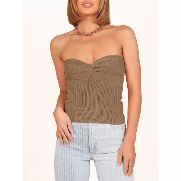 imageANRABESS Women Strapless Crop Tube Top Sexy Ribbed Knit Twisted Knot Front Sleeveless Y2K Corset Tanks TopKhaki