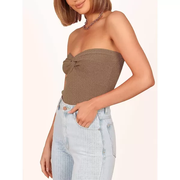 imageANRABESS Women Strapless Crop Tube Top Sexy Ribbed Knit Twisted Knot Front Sleeveless Y2K Corset Tanks TopKhaki