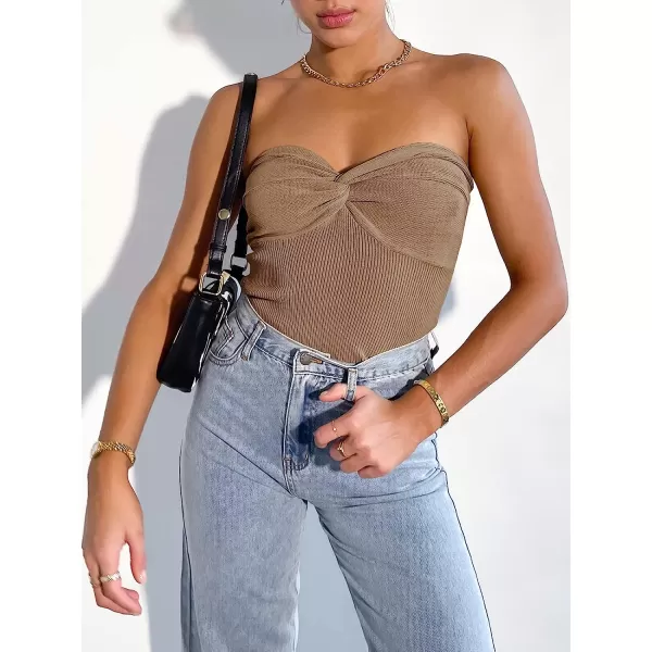 imageANRABESS Women Strapless Crop Tube Top Sexy Ribbed Knit Twisted Knot Front Sleeveless Y2K Corset Tanks TopKhaki