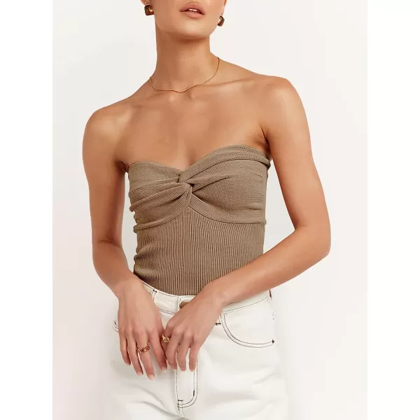 imageANRABESS Women Strapless Crop Tube Top Sexy Ribbed Knit Twisted Knot Front Sleeveless Y2K Corset Tanks TopKhaki