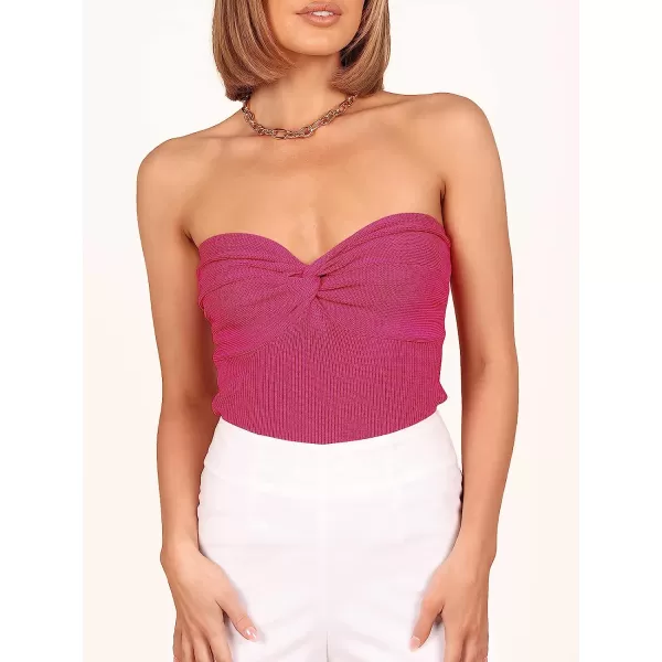 imageANRABESS Women Strapless Crop Tube Top Sexy Ribbed Knit Twisted Knot Front Sleeveless Y2K Corset Tanks TopRose