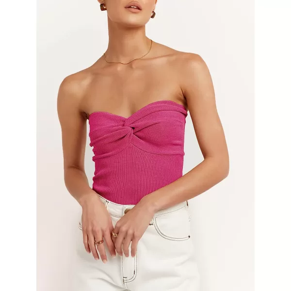 imageANRABESS Women Strapless Crop Tube Top Sexy Ribbed Knit Twisted Knot Front Sleeveless Y2K Corset Tanks TopRose