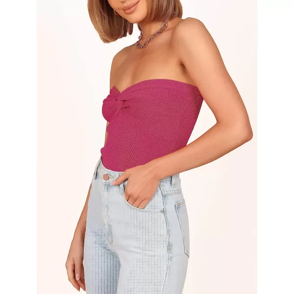 imageANRABESS Women Strapless Crop Tube Top Sexy Ribbed Knit Twisted Knot Front Sleeveless Y2K Corset Tanks TopRose