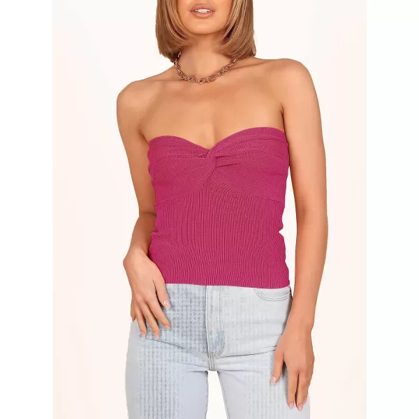 imageANRABESS Women Strapless Crop Tube Top Sexy Ribbed Knit Twisted Knot Front Sleeveless Y2K Corset Tanks TopRose