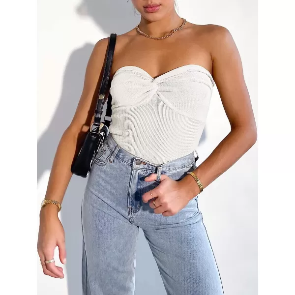 imageANRABESS Women Strapless Crop Tube Top Sexy Ribbed Knit Twisted Knot Front Sleeveless Y2K Corset Tanks TopWhite