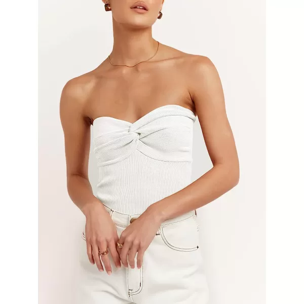 imageANRABESS Women Strapless Crop Tube Top Sexy Ribbed Knit Twisted Knot Front Sleeveless Y2K Corset Tanks TopWhite
