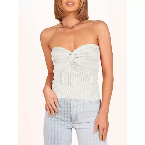 imageANRABESS Women Strapless Crop Tube Top Sexy Ribbed Knit Twisted Knot Front Sleeveless Y2K Corset Tanks TopWhite