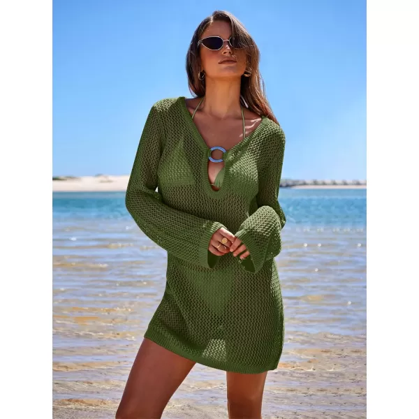 imageANRABESS Women Summer Beach Cover Ups Swimsuit Crochet Swimwear Bathing Suit Knit Hollow Out Long Sleeve Pullover Beach DressArmy Green