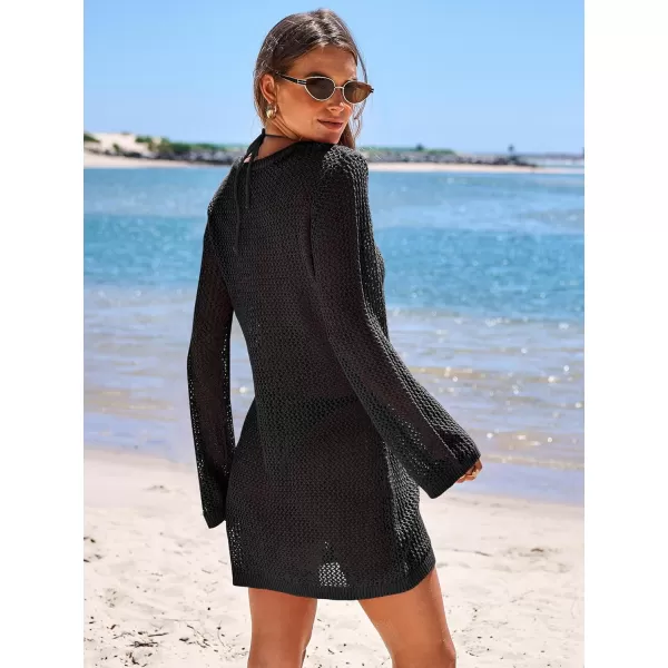 imageANRABESS Women Summer Beach Cover Ups Swimsuit Crochet Swimwear Bathing Suit Knit Hollow Out Long Sleeve Pullover Beach DressBlack
