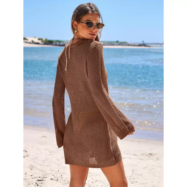 imageANRABESS Women Summer Beach Cover Ups Swimsuit Crochet Swimwear Bathing Suit Knit Hollow Out Long Sleeve Pullover Beach DressBrown
