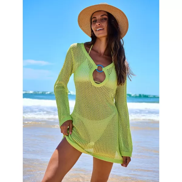 imageANRABESS Women Summer Beach Cover Ups Swimsuit Crochet Swimwear Bathing Suit Knit Hollow Out Long Sleeve Pullover Beach DressGreen
