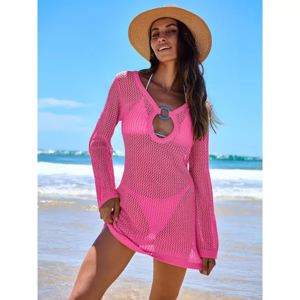 imageANRABESS Women Summer Beach Cover Ups Swimsuit Crochet Swimwear Bathing Suit Knit Hollow Out Long Sleeve Pullover Beach DressHot Pink