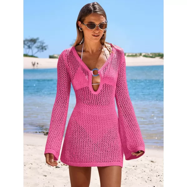 imageANRABESS Women Summer Beach Cover Ups Swimsuit Crochet Swimwear Bathing Suit Knit Hollow Out Long Sleeve Pullover Beach DressHot Pink