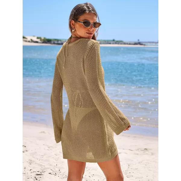 imageANRABESS Women Summer Beach Cover Ups Swimsuit Crochet Swimwear Bathing Suit Knit Hollow Out Long Sleeve Pullover Beach DressKhaki