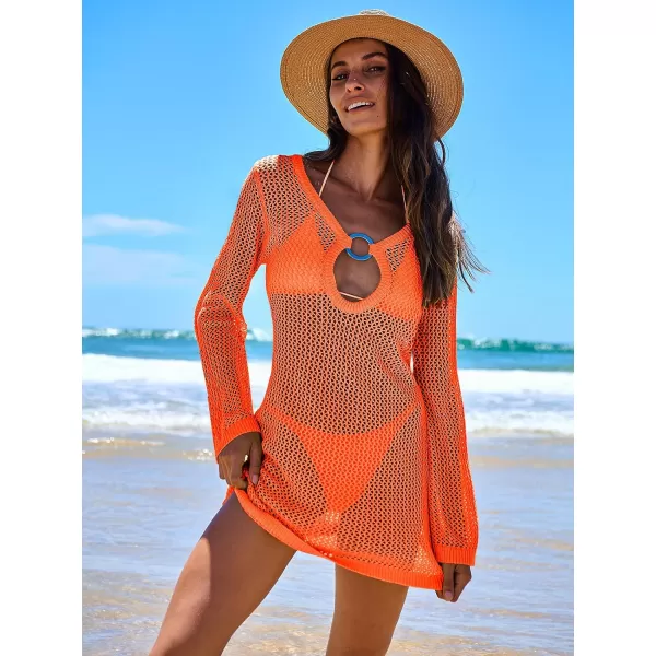 imageANRABESS Women Summer Beach Cover Ups Swimsuit Crochet Swimwear Bathing Suit Knit Hollow Out Long Sleeve Pullover Beach DressOrang