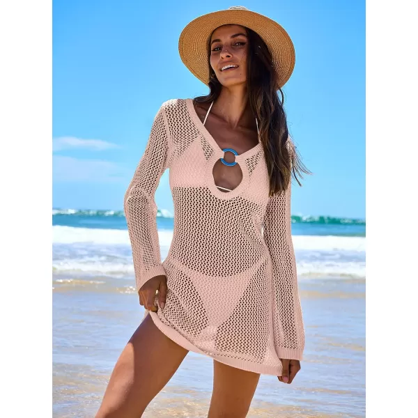 imageANRABESS Women Summer Beach Cover Ups Swimsuit Crochet Swimwear Bathing Suit Knit Hollow Out Long Sleeve Pullover Beach DressPink