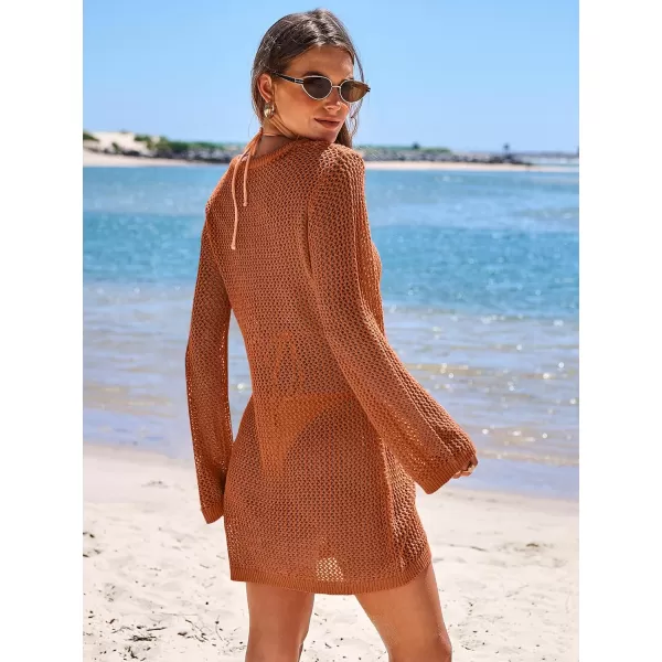 imageANRABESS Women Summer Beach Cover Ups Swimsuit Crochet Swimwear Bathing Suit Knit Hollow Out Long Sleeve Pullover Beach DressRust