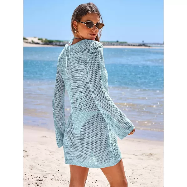 imageANRABESS Women Summer Beach Cover Ups Swimsuit Crochet Swimwear Bathing Suit Knit Hollow Out Long Sleeve Pullover Beach DressSky