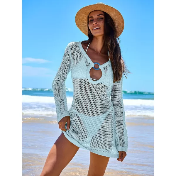 imageANRABESS Women Summer Beach Cover Ups Swimsuit Crochet Swimwear Bathing Suit Knit Hollow Out Long Sleeve Pullover Beach DressSky
