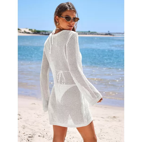 imageANRABESS Women Summer Beach Cover Ups Swimsuit Crochet Swimwear Bathing Suit Knit Hollow Out Long Sleeve Pullover Beach DressWhite