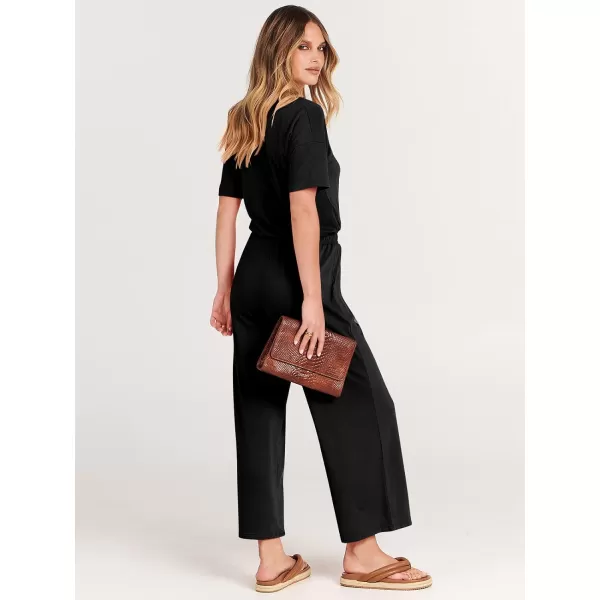 imageANRABESS Women Summer Casual Short Sleeve V Neck Elastic Waist Wide Leg Cropped Pants Jumpsuits Rompers with Pockets00black