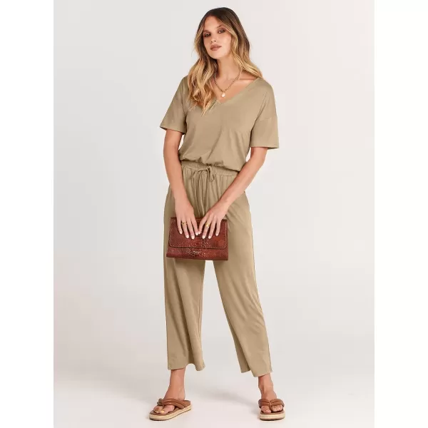 imageANRABESS Women Summer Casual Short Sleeve V Neck Elastic Waist Wide Leg Cropped Pants Jumpsuits Rompers with Pockets00khaki