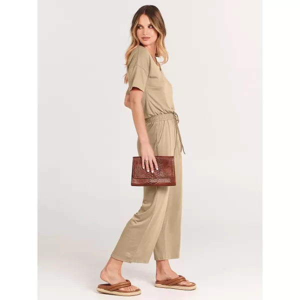 imageANRABESS Women Summer Casual Short Sleeve V Neck Elastic Waist Wide Leg Cropped Pants Jumpsuits Rompers with Pockets00khaki