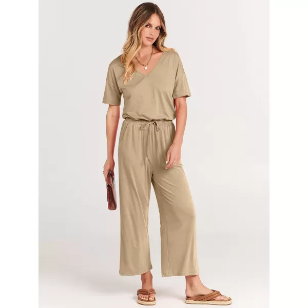 imageANRABESS Women Summer Casual Short Sleeve V Neck Elastic Waist Wide Leg Cropped Pants Jumpsuits Rompers with Pockets00khaki