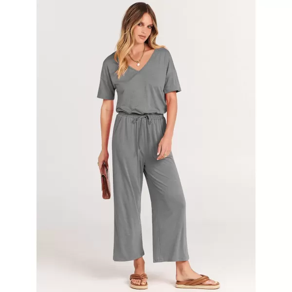 imageANRABESS Women Summer Casual Short Sleeve V Neck Elastic Waist Wide Leg Cropped Pants Jumpsuits Rompers with Pockets01dark Gray