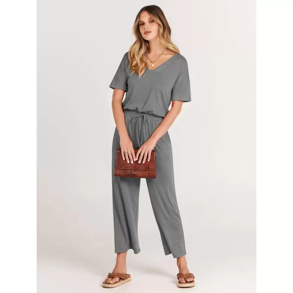 imageANRABESS Women Summer Casual Short Sleeve V Neck Elastic Waist Wide Leg Cropped Pants Jumpsuits Rompers with Pockets01dark Gray