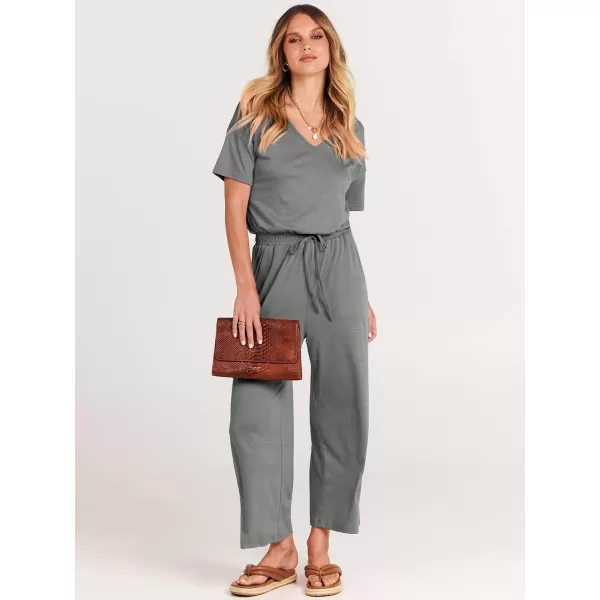 imageANRABESS Women Summer Casual Short Sleeve V Neck Elastic Waist Wide Leg Cropped Pants Jumpsuits Rompers with Pockets01dark Gray