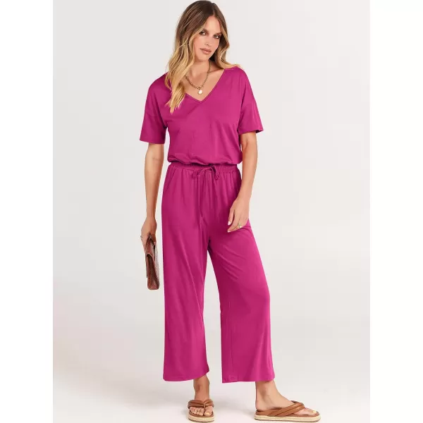 imageANRABESS Women Summer Casual Short Sleeve V Neck Elastic Waist Wide Leg Cropped Pants Jumpsuits Rompers with Pockets02hot Pink