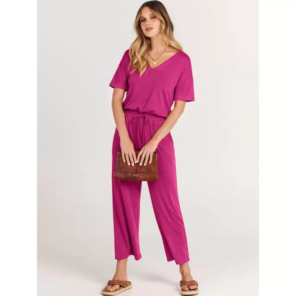 imageANRABESS Women Summer Casual Short Sleeve V Neck Elastic Waist Wide Leg Cropped Pants Jumpsuits Rompers with Pockets02hot Pink