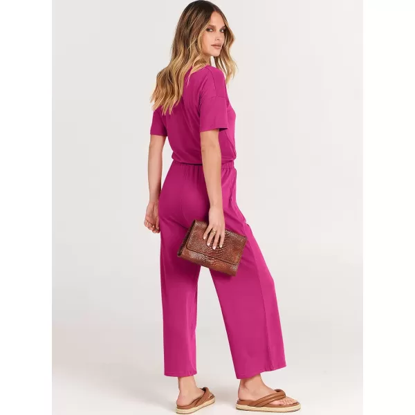 imageANRABESS Women Summer Casual Short Sleeve V Neck Elastic Waist Wide Leg Cropped Pants Jumpsuits Rompers with Pockets02hot Pink