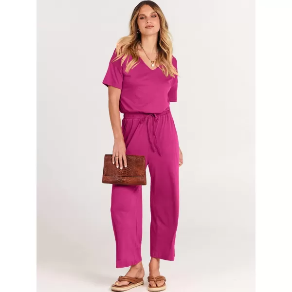imageANRABESS Women Summer Casual Short Sleeve V Neck Elastic Waist Wide Leg Cropped Pants Jumpsuits Rompers with Pockets02hot Pink
