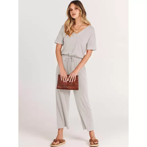 imageANRABESS Women Summer Casual Short Sleeve V Neck Elastic Waist Wide Leg Cropped Pants Jumpsuits Rompers with Pockets02light Gray