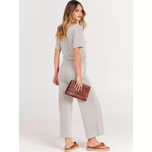 imageANRABESS Women Summer Casual Short Sleeve V Neck Elastic Waist Wide Leg Cropped Pants Jumpsuits Rompers with Pockets02light Gray