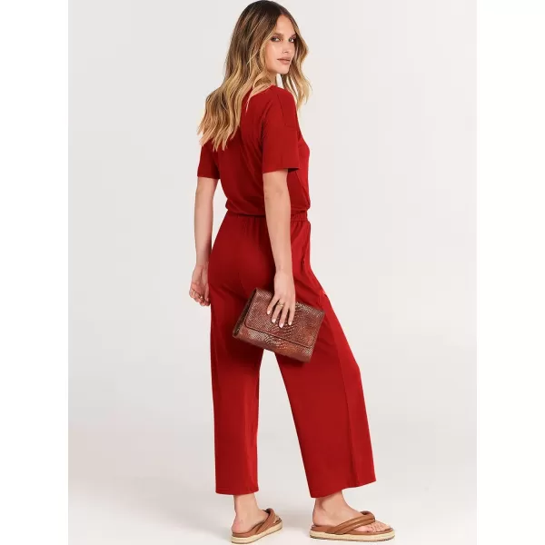 imageANRABESS Women Summer Casual Short Sleeve V Neck Elastic Waist Wide Leg Cropped Pants Jumpsuits Rompers with Pockets02red